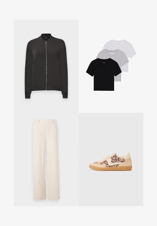 Black bomber jacket made from smooth fabric, featuring a front zipper, ribbed collar and cuffs, and two side pockets.; Set of three short-sleeve t-shirts in black, gray, and white. Made from cotton, featuring a crew neck and a simple, solid color design.; Light beige wide-leg trousers with front pleats, a smooth texture, and side pockets. Made from a soft fabric with a tailored design.; Leopard print sneakers with beige suede upper, tan rubber sole, and white accents. Round toe and lace-up design with a textured finish.