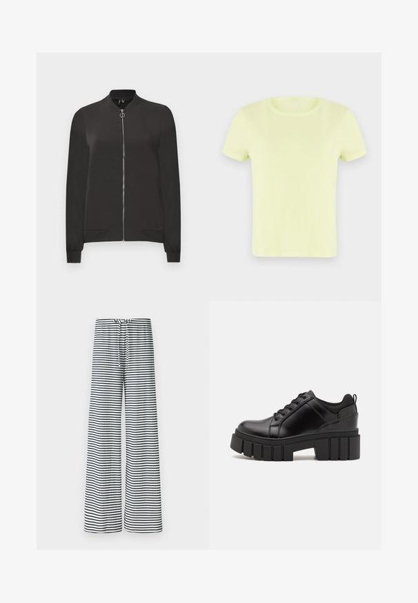 Chaqueta bomber negra hecha de tela suave, que cuenta con un cierre frontal, cuello y puños de canalé, y dos bolsillos laterales.;  camiseta de algodón de manga corta en amarillo neón. Presenta un escote redondo clásico y una textura suave y ligera.; Gina Tricot STRIPED TROUSERS - Pantalones - navy/white; Zapatos de plataforma de cuero negro con un tacón cuadrado grueso, punta redonda y diseño tradicional de cordones. Presenta una textura suave y un detalle minimalista.
