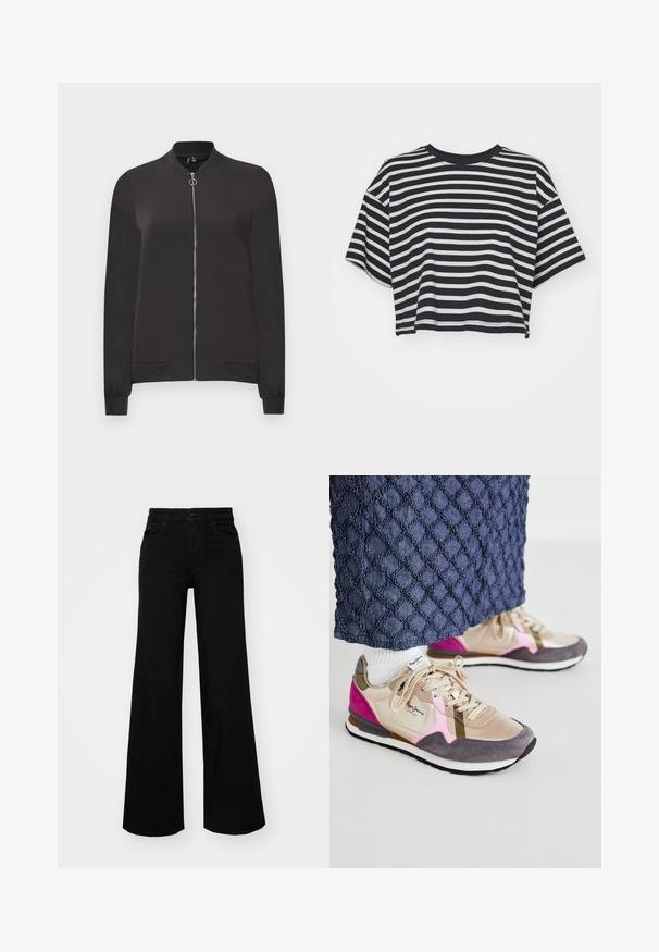 Svart bomberjakke laget av glatt stoff, med frontglidelås, ribbet krage og mansjetter, samt to sidelommer.; Stripet cropped t-skjorte i marineblått og hvitt. Korte ermer, rund utringning, mykt stoff med horisontale striper og en avslappet passform.; Svart vide bukser laget av denim, med en strukturert midjebånd, beltestropper og frontlommer. Glatt tekstur med et klassisk design.; Sko i beige, grå og rosa nyanser har en blanding av glatt lær og semsket skinn. Kommer med snøring og en kontrasterende hvit såle.