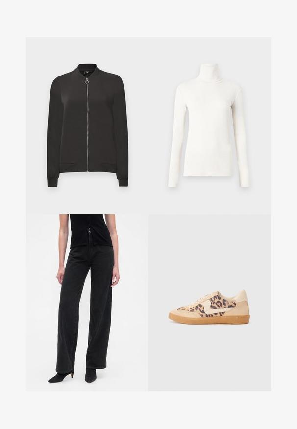 Crna bomber jakna izrađena od glatkog materijala, sa prednjim patentnim zatvaračem, rebrastim okovratnikom i manžetama, te dva bočna džepa.; Duga majica s visokim ovratnikom u boji slonovače, izrađena od mekog, rastezljivog materijala s prilagođenim dizajnom i rebrastom teksturom.; Crne traperice širokih nogavica izrađene od trapera s visokim strukom, koje imaju kopčanje na gumbe i opušteni kroj, uparene s crnim šiljastim potpeticama.; Tenisice s uzorkom leoparda, bež nubuk gornjištem, smešnim gumenim đonom i bijelim detaljima. Okrugli vrh i dizajn s vezicama s teksturiranom završnom obradom.