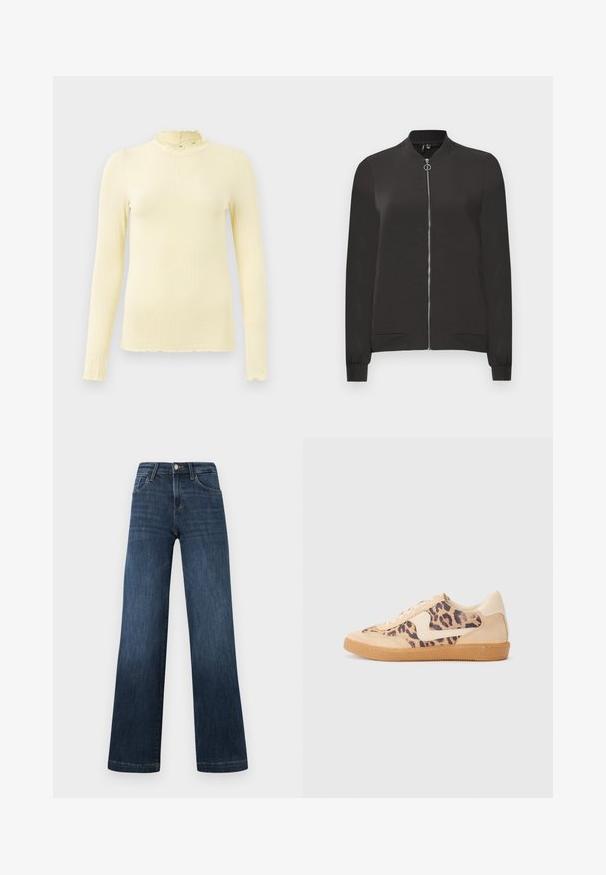 Black bomber jacket made from smooth fabric, featuring a front zipper, ribbed collar and cuffs, and two side pockets.; Long-sleeve, ribbed top in soft pastel yellow with a high ruffled collar and scalloped hem; made from stretchable fabric for comfort.; Dark blue denim jeans with a wide-leg design, featuring five pockets and a front button closure. Smooth texture and classic stitching details.; Leopard print sneakers with beige suede upper, tan rubber sole, and white accents. Round toe and lace-up design with a textured finish.