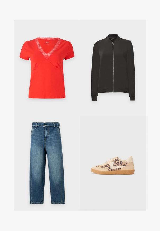 Zwarte bomberjack van gladde stof, met een ritssluiting aan de voorkant, ribgebreide kraag en manchetten, en twee zijzakken.; Rode t-shirt met korte mouwen en een V-halslijn, versierd met een kanten rand. Zachte stof, aansluitende pasvorm en decoratieve stiksels langs de naden.; Blauwe spijkerbroek met een hoge taille, wijde pijpen en een riemlus met een metalen ring. Heeft vervagingen en subtiele slijtage op de stof.; Luipaardprint sneakers met een beige suède bovenkant, tan rubberen zool en witte accenten. Ronde neus en vetersluiting met een gestructureerde afwerking.