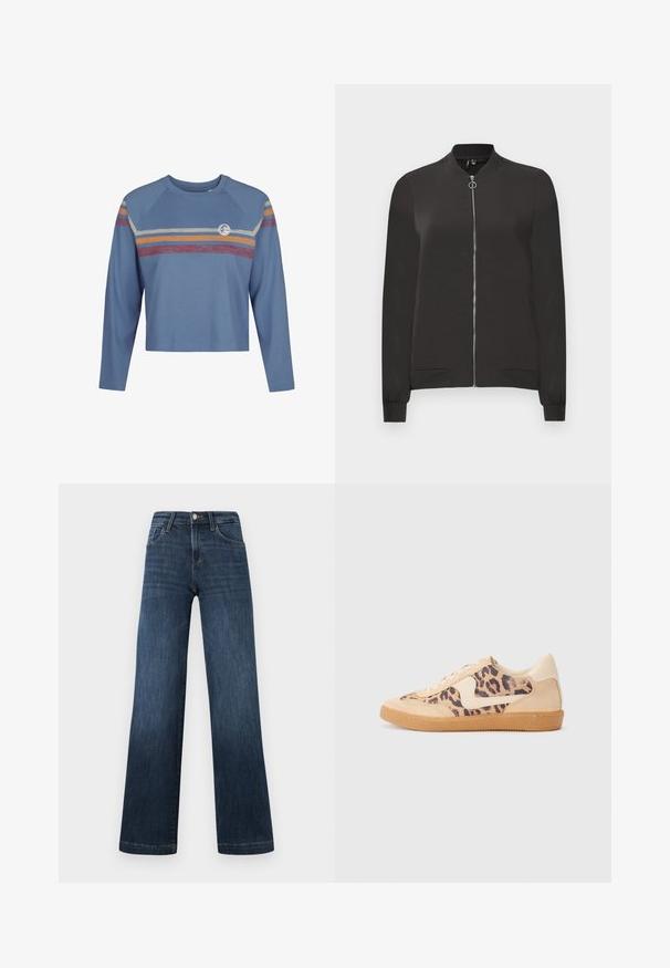 Black bomber jacket made from smooth fabric, featuring a front zipper, ribbed collar and cuffs, and two side pockets.; Light blue long-sleeve crop top with raglan sleeves, featuring colorful horizontal stripes in red, yellow, and cream across the chest.; Dark blue denim jeans with a wide-leg design, featuring five pockets and a front button closure. Smooth texture and classic stitching details.; Leopard print sneakers with beige suede upper, tan rubber sole, and white accents. Round toe and lace-up design with a textured finish.