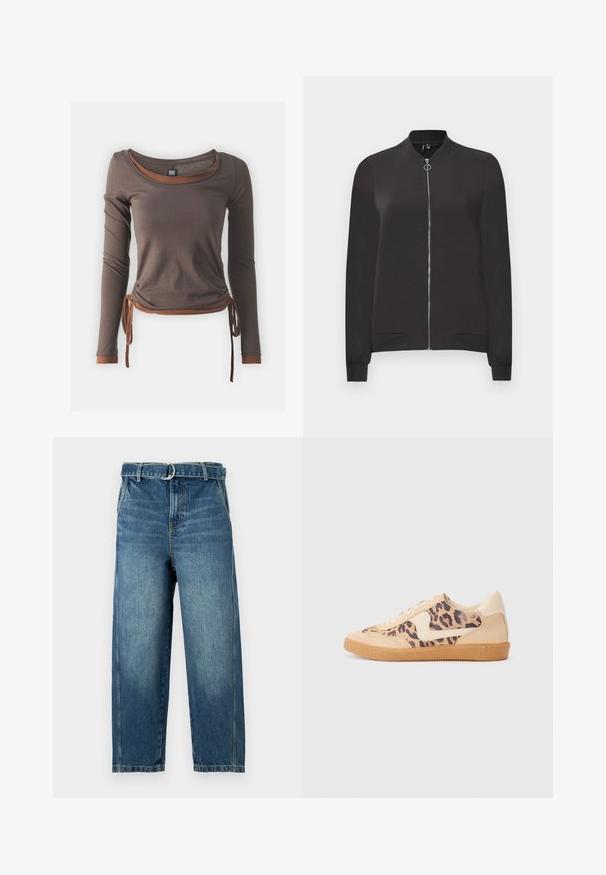 Czarna kurtka bomberka wykonana z gładkiego materiału, z suwakiem z przodu, prążkowanym kołnierzem i mankietami oraz dwoma bocznymi kieszeniami.; Brązowa bluzka z długim rękawem i okrągłym dekoltem, z marszczonym wykończeniem związanym w talii oraz kontrastującymi brązowymi akcentami przy mankietach i u dołu.; Niebieskie dżinsy z wysokim stanem, szerokimi nogawkami i szlufką na pasek z metalowym pierścieniem. Posiadają przecierki i subtelne wytarcia na materiale.; Sneakers w panterkowym wzorze, z beżową zamszową cholewką, brązową gumową podeszwą i białymi akcentami. Okrągły czubek i sznurowany fason z fakturowym wykończeniem.
