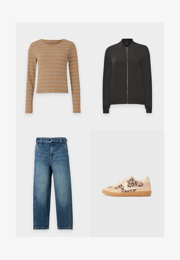 Giacca bomber nera realizzata in tessuto liscio, con zip frontale, colletto e polsini a coste e due tasche laterali.; Maglione marrone a maniche lunghe con strisce orizzontali bianche e marroni scure, texture a costine e scollatura rotonda, caratterizzato da un design cropped.; Jeans in denim blu con vita alta, gambe larghe e passanti per cintura con un anello metallico. Presentano sbiaditure e leggere pieghe nel tessuto.; Sneakers in stampa leopardata con parte superiore in suede beige, suola in gomma color caramello e dettagli bianchi. Punta rotonda e design con lacci, con una finitura testurizzata.