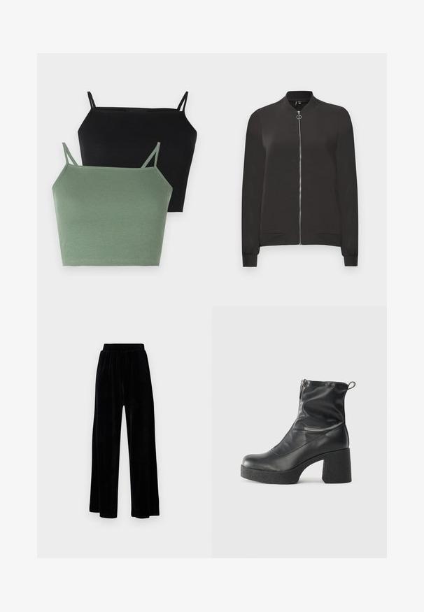 Black bomber jacket made from smooth fabric, featuring a front zipper, ribbed collar and cuffs, and two side pockets.; Two ribbed camisoles: one in black and one in sage green, featuring thin adjustable straps and a fitted silhouette.; Black wide-leg trousers made of soft velvet, featuring an elastic waistband and a smooth texture, with no visible detailing or patterns.; Black ankle boots made of smooth leather, featuring a side zipper, chunky textured heel, and rounded toe design.