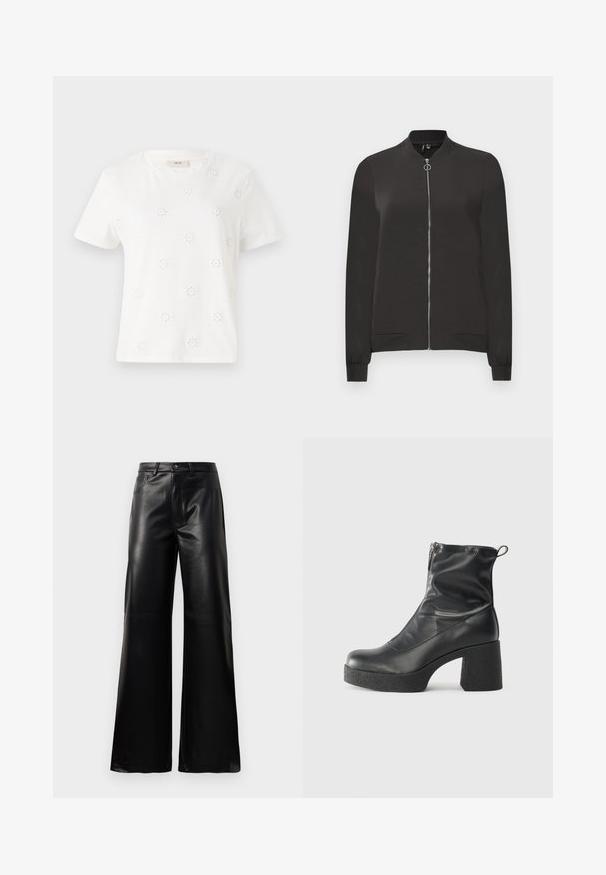 Črna bomberska jakna izdelana iz gladkega blaga, z zadrgo spredaj, rebrastim ovratnikom in manšetami ter dvema stranskima žepoma.; Bela bombažna majica s kratkimi rokavi, okrašena z vezenimi cvetličnimi motivi. Okrogla izreza, sproščen kroj in gladka tekstura.; Črne široke hlače iz umetnega usnja z visokim pasom, sprednjim gumbom, zadrgo, zanke za pas in stranskimi žepi na beli podlagi.; Črne gležnjarje iz gladke kože z božnim zadrgo, masivnim teksturiranim peto in zaobljeno obliko prstov.
