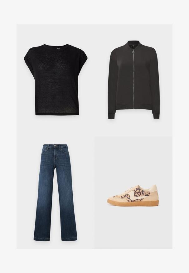 Schwarze Bomberjacke aus glattem Stoff, mit einem Frontreißverschluss, geripptem Kragen und Bündchen sowie zwei Seitentaschen.; Schwarzes, kurzärmeliges T-Shirt mit lässiger Passform. Aus leichtem, leicht durchscheinendem Stoff gefertigt. Mit rundem Halsauschnitt und umgeschlagenen Ärmeln.; Dunkelblaue Denim-Jeans im weiten Bein-Design, ausgestattet mit fünf Taschen und einer Vorderknopf-Verschluss. Glatte Textur und klassische Nähdetails.; Löwenmuster-Sneaker mit beige Wildleder-Obermaterial, tanfarbener Gummisohle und weißen Akzenten. Runde Zehenform und Schnürdesign mit strukturiertem Finish.