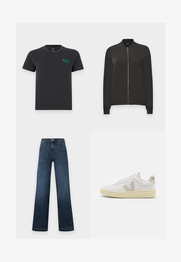 Black bomber jacket made from smooth fabric, featuring a front zipper, ribbed collar and cuffs, and two side pockets.; Black cotton t-shirt with a round neckline and short sleeves. Features green embroidered "Obey" logo on the left chest. Basic design, no patterns.; Dark blue denim jeans with a wide-leg design, featuring five pockets and a front button closure. Smooth texture and classic stitching details.; White leather sneaker with beige suede accents, perforated toe box, flat laces, and a textured cream sole. Features subtle branding on heel.