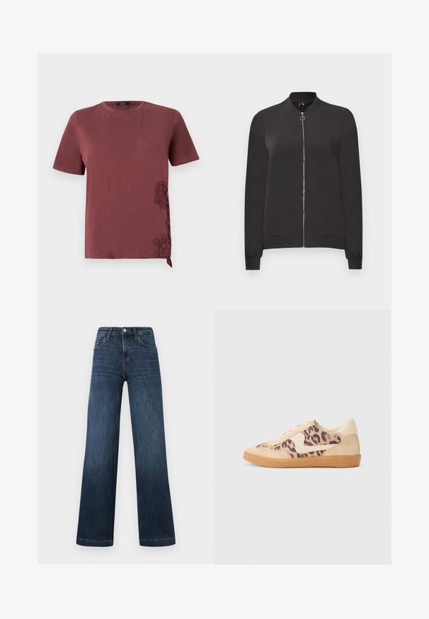 Schwarze Bomberjacke aus glattem Stoff, mit einem Frontreißverschluss, geripptem Kragen und Bündchen sowie zwei Seitentaschen.; Bordeauxrot T-Shirt aus weichem Stoff, mit kurzen Ärmeln und filigranen Spitzenverzierungen an der Seite, sowie einem gebundenen Akzent am Saum.; Dunkelblaue Denim-Jeans im weiten Bein-Design, ausgestattet mit fünf Taschen und einer Vorderknopf-Verschluss. Glatte Textur und klassische Nähdetails.; Löwenmuster-Sneaker mit beige Wildleder-Obermaterial, tanfarbener Gummisohle und weißen Akzenten. Runde Zehenform und Schnürdesign mit strukturiertem Finish.