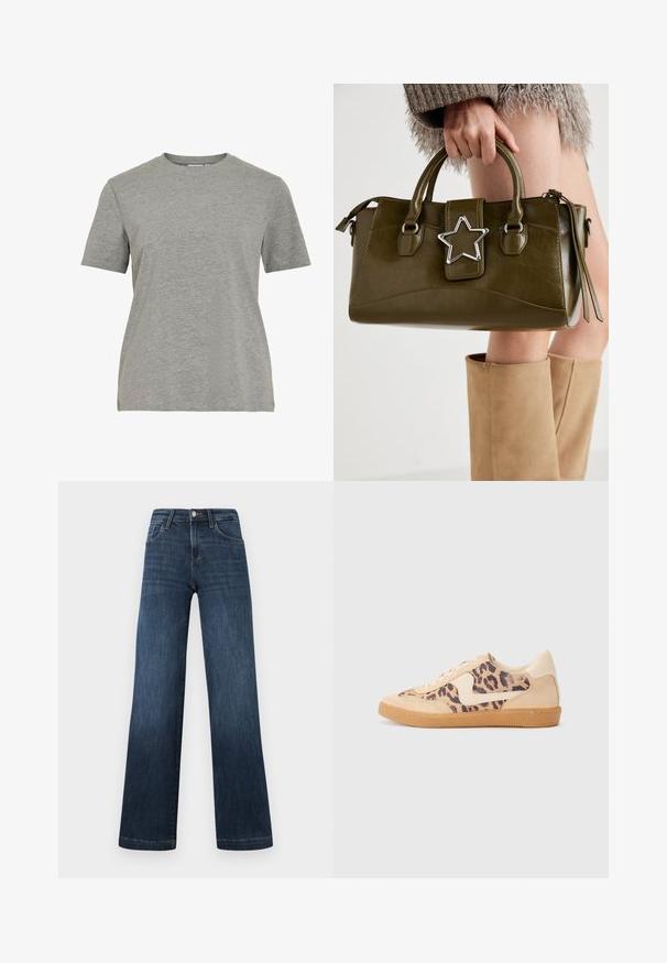 Juodas bomber stiliaus švarkas, pagamintas iš lygaus audinio, su priekiniais užtrauktukais, rausvu apykakle ir rankovėmis, bei dviem šoniniais kišenėmis.; Pilkas medvilninis marškinėlis su klasikiniu apvaliu kaklu, trumpomis rankovėmis ir lygiu paviršiumi, tinkamas kasdieniam dėvėjimui.; Tamsiai mėlyni džinsai su plačiu kojų dizainu, turintys penkias kišenes ir priekiniu mygtukų užsegimu. Lygus audinys ir klasikiniai siuvimo detalės.; Leopardų rašto sportiniai batai su smėlio spalvos zomšiniu viršumi, rusvu guminiu padu ir baltais akcentais. Apvalus nosis ir raištelių užsegimas su tekstūruotu paviršiumi.; Alyvuogių žalios spalvos dirbtinės odos rankinė su sidabro žvaigždės akcentu, dviem rankenomis ir užtrauktuko uždarymu. Tekstūruotas paviršius ir struktūrizuota forma.