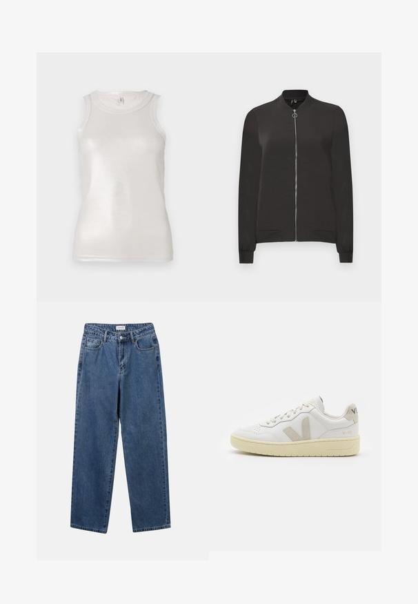 Juodas bomber stiliaus švarkas, pagamintas iš lygaus audinio, su priekiniais užtrauktukais, rausvu apykakle ir rankovėmis, bei dviem šoniniais kišenėmis.; Kremo spalvos liemenėlė, pasižyminti prigludusia forma, raštuota tekstūra, be rankovių ir subtiliu blizgesiu, demonstruojanti paprastą apvalią iškirptę.; Klasikiniai mėlynos džinsinio audinio džinsai su tiesiomis kojomis, penkiomis kišenėmis ir mygtukų uždarymu. Pasižymi vidutiniu skalbimu ir tvirtu audiniu.; Balti odiniai sportbačiai su kreminiais zomšos akcentais, perforuota pirštų dalimi, plokščiomis raišteliais ir struktūruota kreminėmis padomis. Ant kulno yra subtilus ženklinimas.