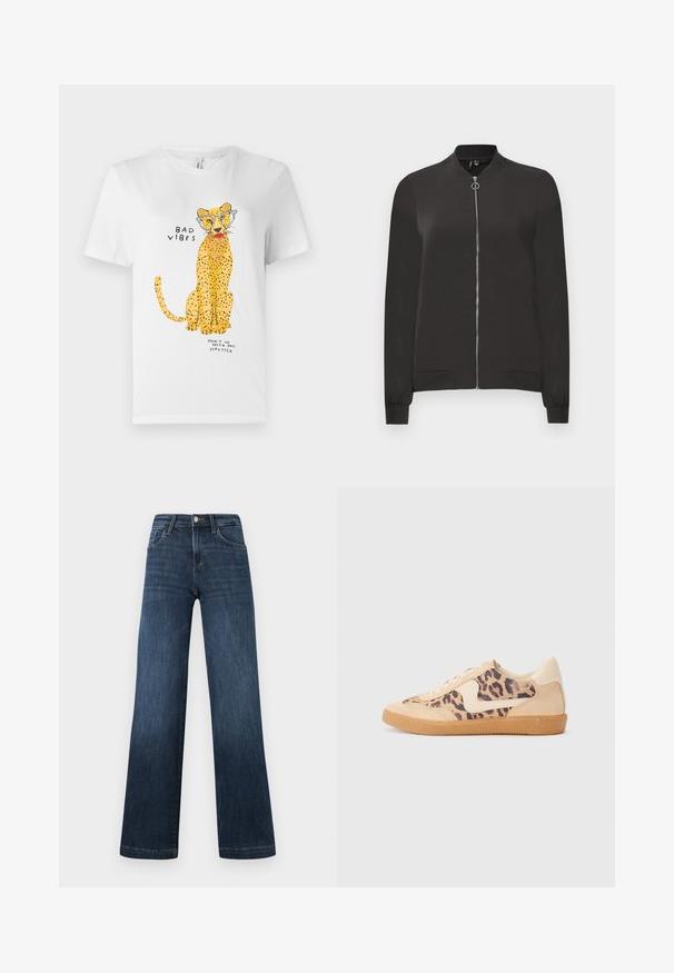 Black bomber jacket made from smooth fabric, featuring a front zipper, ribbed collar and cuffs, and two side pockets.; White cotton t-shirt featuring a yellow leopard graphic wearing glasses, with text "BAD VIBES" and "DON’T GO WITH MY LIPSTICK."; Dark blue denim jeans with a wide-leg design, featuring five pockets and a front button closure. Smooth texture and classic stitching details.; Leopard print sneakers with beige suede upper, tan rubber sole, and white accents. Round toe and lace-up design with a textured finish.