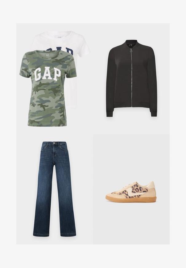 Schwarze Bomberjacke aus glattem Stoff, mit einem Frontreißverschluss, geripptem Kragen und Bündchen sowie zwei Seitentaschen.; Zwei T-Shirts mit einem grünen Tarnmuster und einem weißen "GAP"-Logo sowie einem schlichten weißen Shirt mit navyfarbigem Text, aus weichem Baumwollmaterial.; Dunkelblaue Denim-Jeans im weiten Bein-Design, ausgestattet mit fünf Taschen und einer Vorderknopf-Verschluss. Glatte Textur und klassische Nähdetails.; Löwenmuster-Sneaker mit beige Wildleder-Obermaterial, tanfarbener Gummisohle und weißen Akzenten. Runde Zehenform und Schnürdesign mit strukturiertem Finish.