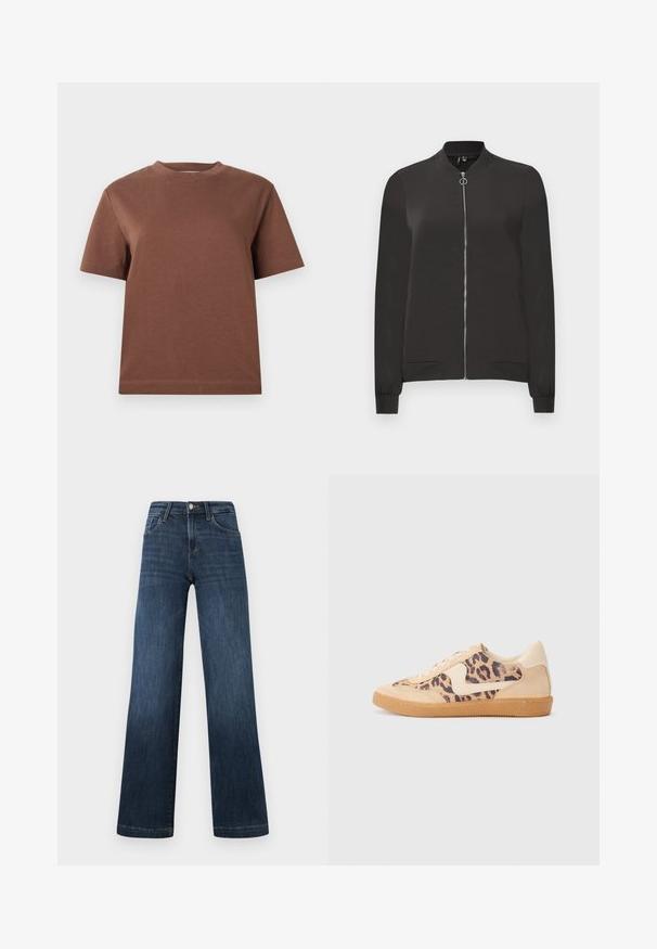 Crna bomber jakna izrađena od glatkog materijala, sa prednjim patentnim zatvaračem, rebrastim okovratnikom i manžetama, te dva bočna džepa.; Smeđa pamučna majica s okruglim izrezom, kratkim rukavima i opuštenim krojem. Glatka tekstura bez vidljivih uzoraka ili ukrasa.; Tamno plave traperice širokih nogavica, s pet džepova i prednjim zatvaranjem na gumb. Glatka tekstura i klasične šavove.; Tenisice s uzorkom leoparda, bež nubuk gornjištem, smešnim gumenim đonom i bijelim detaljima. Okrugli vrh i dizajn s vezicama s teksturiranom završnom obradom.