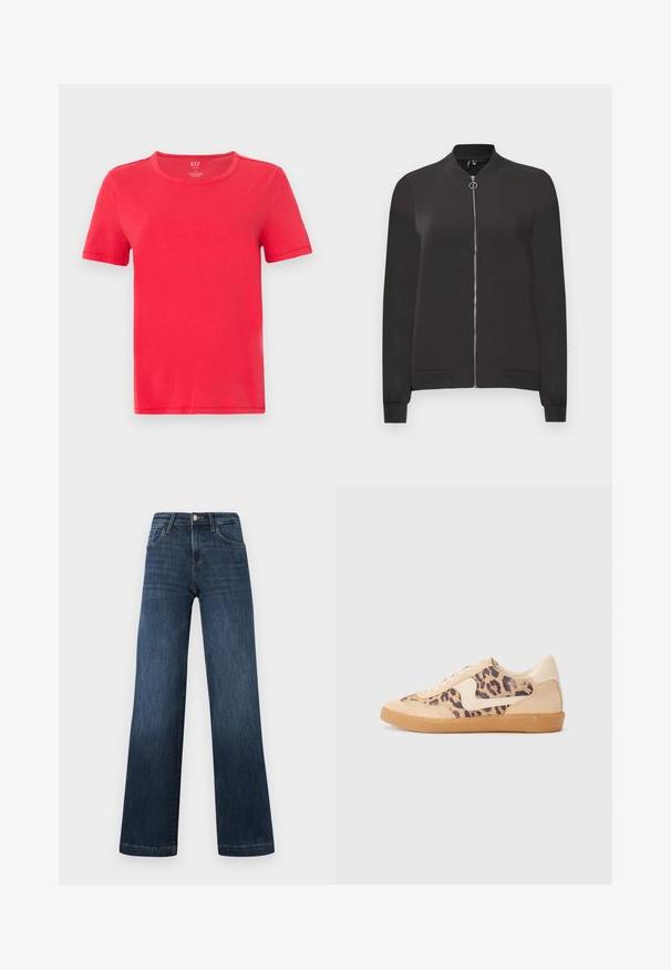 Sort bomberjakke lavet af glat stof, med en frontlynlås, ribbet krave og manchetter samt to sidelommer.; Rød kortærmet t-shirt lavet af bomuld. Har en klassisk rund hals og et simpelt design uden mønstre eller accenter.; Mørkeblå denimjeans med bred ben-design, der har fem lommer og en frontlukning med knap. Glat tekstur og klassiske syninger.; Leopardprint sneakers med beige ruskindsoverdel, tan gummisål og hvide detaljer. Rund pegefinger og snørebåndsdesign med en tekstureret finish.