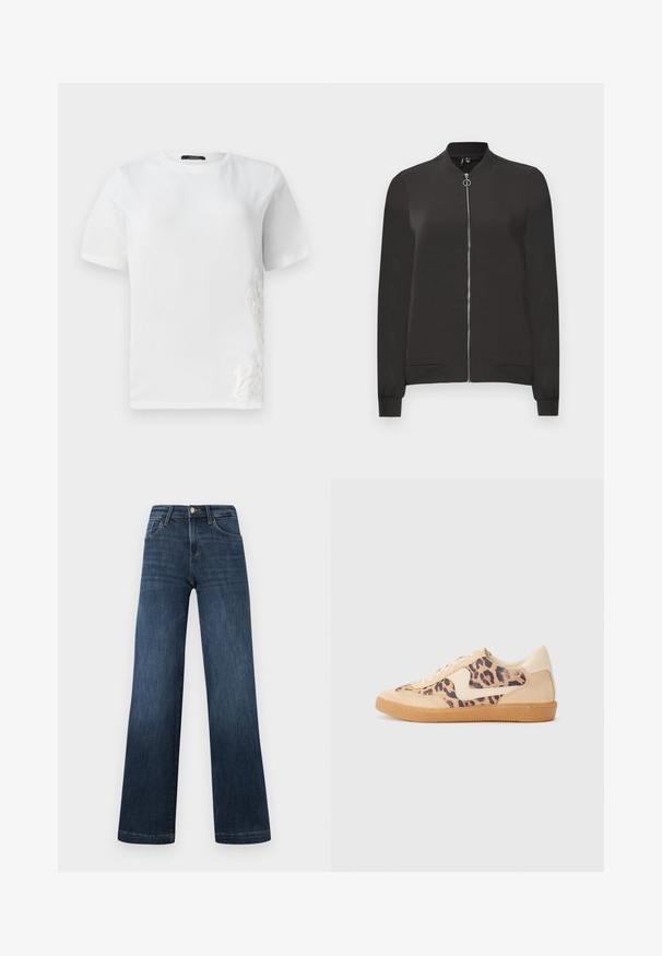Black bomber jacket made from smooth fabric, featuring a front zipper, ribbed collar and cuffs, and two side pockets.; White cotton t-shirt with short sleeves, round neckline, and decorative lace embroidery on the left side. Smooth texture, casual design.; Dark blue denim jeans with a wide-leg design, featuring five pockets and a front button closure. Smooth texture and classic stitching details.; Leopard print sneakers with beige suede upper, tan rubber sole, and white accents. Round toe and lace-up design with a textured finish.