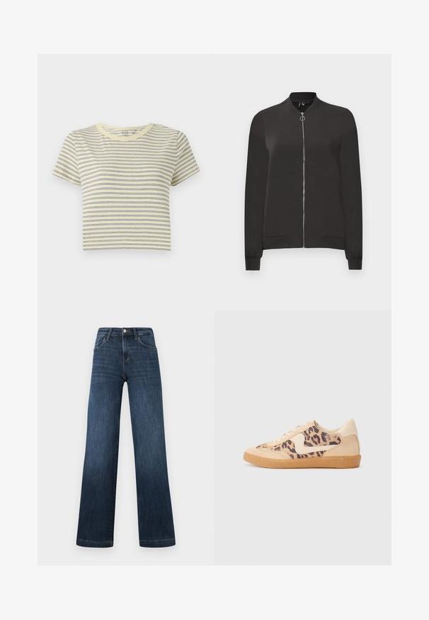 Schwarze Bomberjacke aus glattem Stoff, mit einem Frontreißverschluss, geripptem Kragen und Bündchen sowie zwei Seitentaschen.; Gelb gestreiftes T-Shirt mit blauen horizontalen Linien, rundem Halsausschnitt, kurzen Ärmeln und taillierter Passform. Weiches Baumwollmaterial, schlichtes Design.; Dunkelblaue Denim-Jeans im weiten Bein-Design, ausgestattet mit fünf Taschen und einer Vorderknopf-Verschluss. Glatte Textur und klassische Nähdetails.; Löwenmuster-Sneaker mit beige Wildleder-Obermaterial, tanfarbener Gummisohle und weißen Akzenten. Runde Zehenform und Schnürdesign mit strukturiertem Finish.