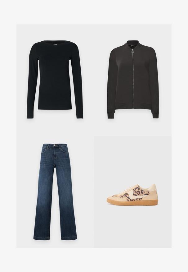 Zwarte bomberjack van gladde stof, met een ritssluiting aan de voorkant, ribgebreide kraag en manchetten, en twee zijzakken.; Zwarte long sleeve top van zachte stof, met een ronde hals en een fitted ontwerp, zonder zichtbare patronen of hardware-details.; Donkerblauwe denim jeans met een wijdbeen ontwerp, voorzien van vijf zakken en een knoopsluiting aan de voorkant. Gladde textuur en klassieke stikdetails.; Luipaardprint sneakers met een beige suède bovenkant, tan rubberen zool en witte accenten. Ronde neus en vetersluiting met een gestructureerde afwerking.