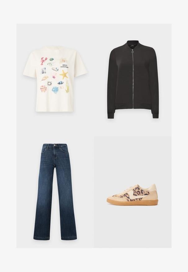 Black bomber jacket made from smooth fabric, featuring a front zipper, ribbed collar and cuffs, and two side pockets.; Cream-colored cotton T-shirt featuring a collage of ocean-themed graphics, including shells, a lobster, and marine plants.; Dark blue denim jeans with a wide-leg design, featuring five pockets and a front button closure. Smooth texture and classic stitching details.; Leopard print sneakers with beige suede upper, tan rubber sole, and white accents. Round toe and lace-up design with a textured finish.