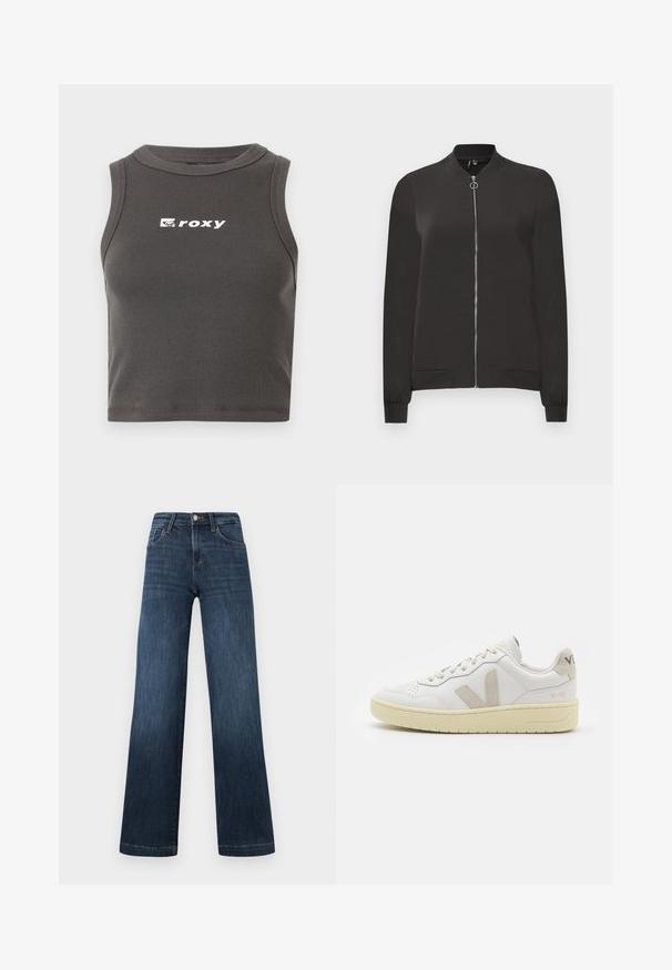 Sort bomberjakke lavet af glat stof, med en frontlynlås, ribbet krave og manchetter samt to sidelommer.; Grå ribbet cropped tanktop med rund halsudskæring og ærmeløst design. Viser det hvide "roxy" logo på forsiden.; Mørkeblå denimjeans med bred ben-design, der har fem lommer og en frontlukning med knap. Glat tekstur og klassiske syninger.; Hvide lærreds sneakers med beige ruskindsdetaljer, perforeret tåboks, flade snørebånd og en struktureret cremefarvet sål. Har diskret branding på hælen.