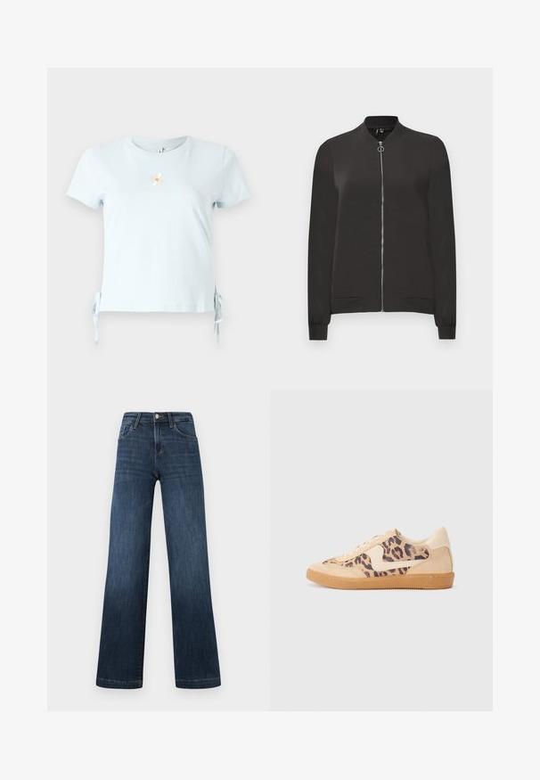 Jachetă neagră de tip bomber, realizată dintr-un material neted, cu fermoar în față, guler și manșete riguroase, având două buzunare laterale.; Tricou din bumbac de culoare albastru deschis, cu mâneci scurte, legați pe laterale, și un design brodat cu o margaretă și cuvântul "Zâmbește" dedesubt.; Jeans din denim albastru închis, cu un design cu picioare late, având cinci buzunare și o închidere cu buton în față. Textură netedă și detalii clasice de cusătură.; Tenisi cu imprimeu de leopard, cu partea superioară din suede bej, talpă din cauciuc maro și accente albe. Vârf rotund și design cu șireturi, cu un finisaj texturat.