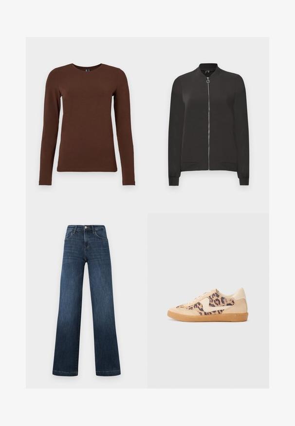 Black bomber jacket made from smooth fabric, featuring a front zipper, ribbed collar and cuffs, and two side pockets.; Long-sleeved brown cotton t-shirt with a round neckline. Smooth texture and fitted shape with minimal seams and no patterns or accents.; Dark blue denim jeans with a wide-leg design, featuring five pockets and a front button closure. Smooth texture and classic stitching details.; Leopard print sneakers with beige suede upper, tan rubber sole, and white accents. Round toe and lace-up design with a textured finish.