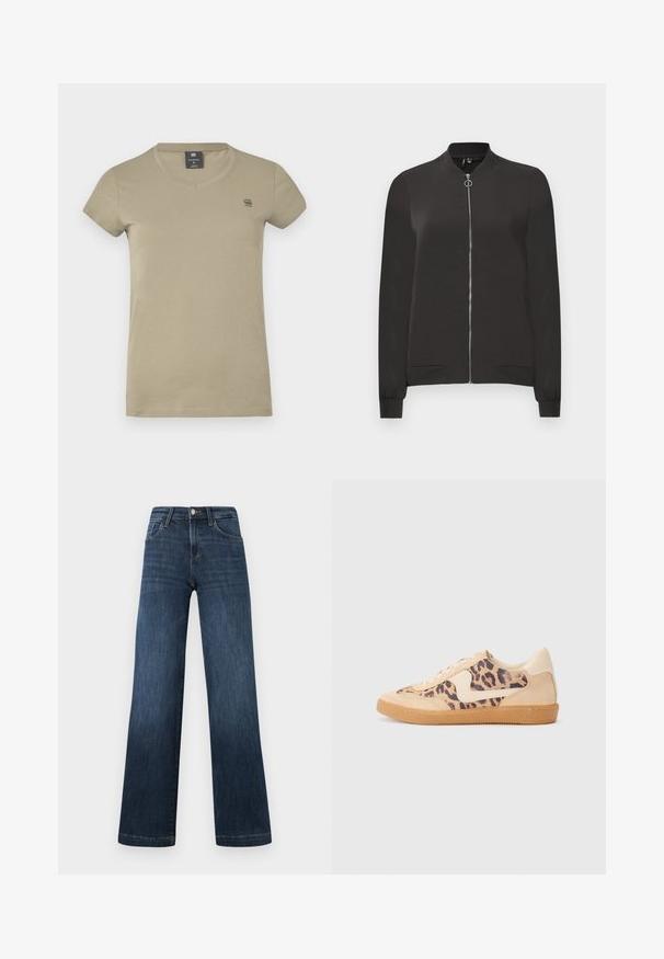 Black bomber jacket made from smooth fabric, featuring a front zipper, ribbed collar and cuffs, and two side pockets.; Khaki short-sleeve t-shirt made of cotton. Features a v-neck collar and a small logo on the left chest area. Smooth texture.; Dark blue denim jeans with a wide-leg design, featuring five pockets and a front button closure. Smooth texture and classic stitching details.; Leopard print sneakers with beige suede upper, tan rubber sole, and white accents. Round toe and lace-up design with a textured finish.