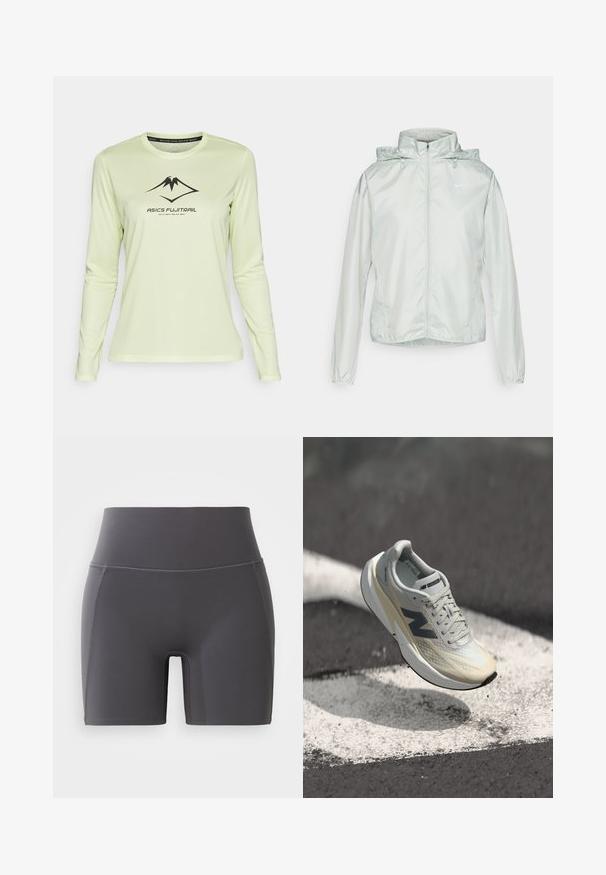 Ľahká, reflexná bunda v mentolovo zelenej farbe so zipsom po celej dĺžke, nastaviteľnou kapucňou a elastickými manžetami. Vyrobená z hladkého, vodeodolného materiálu.; Svetlozelené športové tričko s dlhým rukávom vyrobené z látky, ktorá odvádza vlhkosť. Na prednej strane sa nachádza čierne logo ASICS a malá grafika hory.; Šedé atletické šortky s vysokým pásom, vyrobené z hladkej, elastickej látky. Obsahujú ploché švy a priliehavý strih.; Beh zatrénér váh s ľahkým šedým priedušným zvrškom, krémovou medzipodrážkou, tmavosivými akcentmi a štýlovým, aerodynamickým dizajnom.