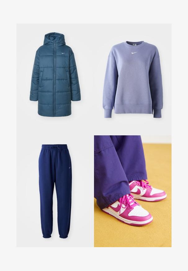 Foret jakke i teal, med glidelås foran, stor hette og sidelommer. Inkluderer horisontale sømmer og en liten logo på brystet.; Lys lilla, crew-neck sweatshirt laget av mykt stoff; har ribbede mansjetter og kant med en liten hvit Nike-logo på brystet.; Mørkeblå joggebukser laget av mykt stoff, med elastisk linning med snøring, elastiske mansjetter og en liten hvit logo.; Nike Dunk-sneakers med overdel av hvitt lær og rosa lærdetaljer. Funksjoner inkluderer rund tå, perforeringer og flate rosa skolisser.