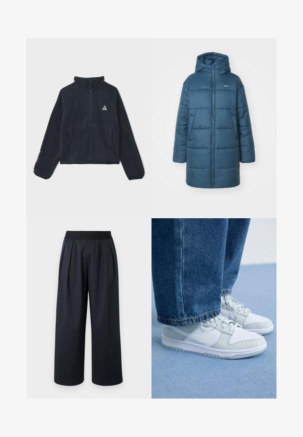 Podešena jakna u tirkiznoj boji, sa zip zatvaranjem sprijeda, velikom kapuljačom i bočnim džepovima. Sadrži horizontalne šavove i mali logotip na prsima.; Crni flis pulover s polu-zip ovratnikom, dugim raglan rukavima, dva prednja džepa i trokutastim logotipom na lijevoj strani prsa.; Crne široke hlače s naboranim prednjim dijelom, elastičnim pojasom i glatkom teksturom tkanine. Odlikuju se labavim krojem i skraćenom duljinom.; Nike tenisice u bijeloj i svijetlo sivoj koži s perforiranim prstima, ravnom vezicom i gumenim đonom, uparenim s plavim trapericama.