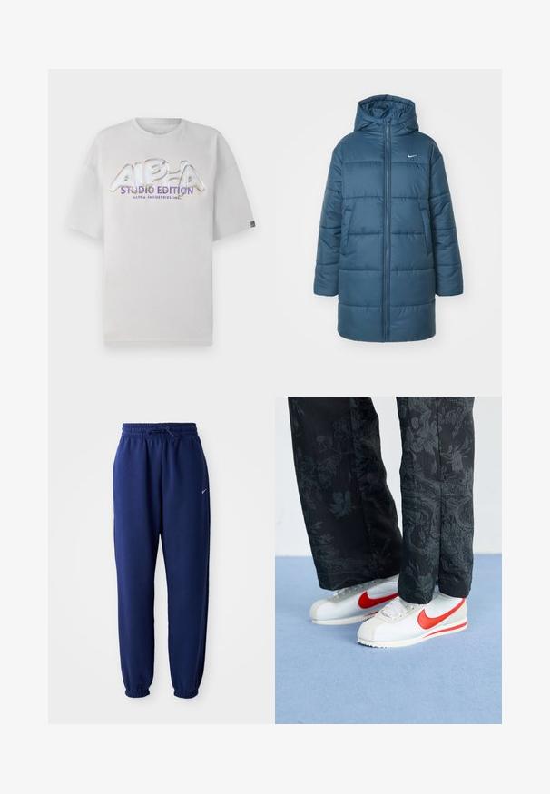 Siltināta jaka tumši zilā krāsā, ar rāvējslēdzēja fronti, lielu kapuci un sānu kabatām. Ietver horizontālo šuvju un mazu logo uz krūšu zonas.; Balta īsām piedurknēm T-kreklā ar apaļu dekoltē, uz kura priekšpuses ir spīdīga, daudzkrāsaina "ALPHA STUDIO EDITION" logo.; Navy zila sporta bikses, izgatavotas no mīksta auduma, ar elastīgu jostu ar auklu, elastīgiem piedurknēm un mazu balto logo.; Baltas Nike sporta apavi ar sarkanām akcentiem, savienoti ar melniem biksēm, kurām ir ziedu raksts. Virsma ir gluda ar plakanu pinumu zoli.