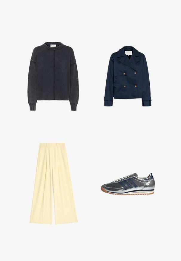 Marineblå dobbeltradet jakke med store reverser, guldknapper, sidelommer og en glat, let skinnende stoftekstur.; Mørkegrå, tekstureret sweater med rund hals og lange ærmer, der har en central søm nedad foran. Klassisk, afslappet stil.; Vidde-bukser i blødt, lysegult stof med folder og skræddersyet talje. Glat tekstur uden synlige mønstre eller hardware.; Sølv syntetisk sneakers med marineblå striber, rund tå, hvidt foer og gummisko. Har tekstureret overdel og snøring.
