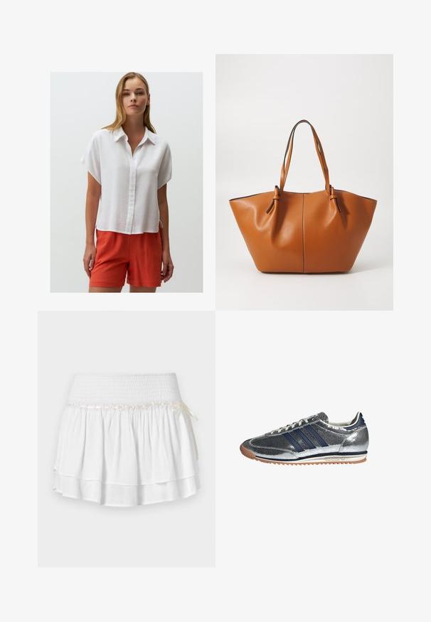 Marineblaues, doppelt geknöpftes Jackett mit breiten Revers, goldenen Knöpfen, seitlichen Taschen und einer glatten, leicht glänzenden Stoffoberfläche.; Weißes Leinenhemd mit kurzen Ärmeln, Knopfleiste, abgerundetem Saum und seitlichen Schlitzen, kombiniert mit leuchtend orangefarbenen Leinenkurzen.; Weißer Stufenrock mit elastischem Bund, der mit einem strukturierten Rüschenmuster und einem dekorativen Bandakzent versehen ist. Baumwollstoff.; Silberfarbene synthetische Sneaker mit marineblauen Streifen, runder Zehenpartie, weißer Innenfutter und Gummisohle. Verfügt über ein strukturiertes Obermaterial und eine Schnürung.; Braune Leder-Tasche mit einer breiten, angularen Form; verfügt über zwei lange Griffe und kontrastierende Nähte entlang der Kanten.