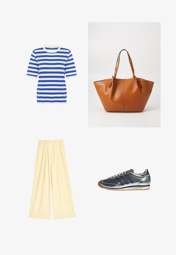 Chaqueta azul marino de doble botonadura con grandes solapas, botones dorados, bolsillos laterales y una textura de tela lisa y ligeramente brillante.; Top de manga corta a rayas azul y blanco. Cuello redondo, tejido suave, corte regular, con rayas alternadas de grosor grueso y delgado.; Pantalones de pierna ancha en un tejido suave y amarillo claro, con pliegues y cintura entallada. Textura suave, sin patrones visibles ni elementos metálicos.; Zapatillas sintéticas plateadas con rayas azul marino, punta redonda, forro blanco y suela de goma. Presentan una parte superior texturizada y cierre de cordones.; Bolso de tote de cuero marrón con una forma amplia y angular; cuenta con dos asas largas y costuras en contraste a lo largo de los bordes.