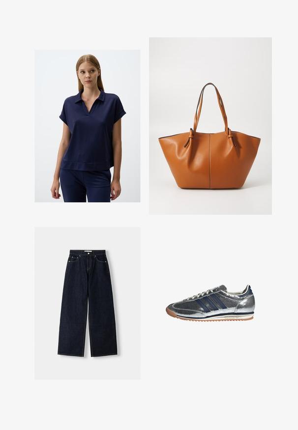 Marineblauwe dubbelrags jasje met grote revers, gouden knopen, zijzakken en een gladde, lichtglanzende stoftextuur.; Marineblauwe top met korte mouwen, een kraag en een ontspannende pasvorm. Gemaakt van gladde stof met een rechte zoom en minimale details.; Donkerblauwe denim wijduitlopende jeans met een hoge taille, vijf zakken, contrasterende stiksels en zilveren metalen hardware. Gladde textuur en een nette afwerking.; Zilveren synthetische sneaker met marineblauwe strepen, ronde neus, witte voering en gumzool. Heeft een gestructureerde bovenkant en vetersluiting.; Bruine leren tote bag met een brede, hoekige vorm; beschikt over twee lange handvatten en contrasterende stiksels langs de randen.