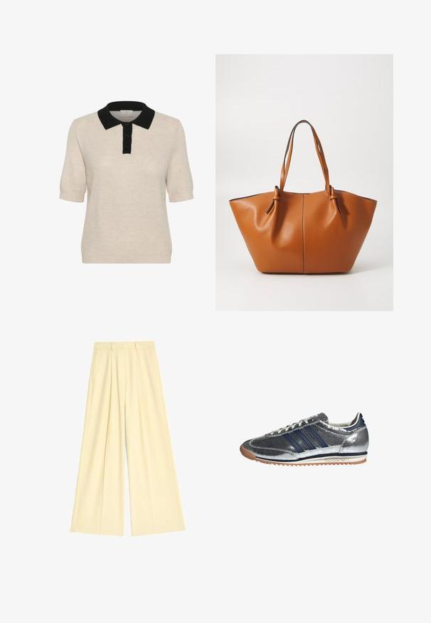 Marineblauwe dubbelrags jasje met grote revers, gouden knopen, zijzakken en een gladde, lichtglanzende stoftextuur.; Beige polo trui met korte mouwen en een zwarte kraag, met een knoopsluiting aan de voorkant en een gestructureerd breipatroon.; Brede broek in zachte, lichtgele stof, met plooien en een getailleerde taille. Gladde textuur, geen zichtbare patronen of hardware.; Zilveren synthetische sneaker met marineblauwe strepen, ronde neus, witte voering en gumzool. Heeft een gestructureerde bovenkant en vetersluiting.; Bruine leren tote bag met een brede, hoekige vorm; beschikt over twee lange handvatten en contrasterende stiksels langs de randen.