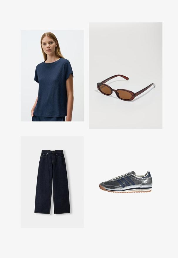 Navy blue double-breasted jacket with large lapels, gold buttons, side pockets, and a smooth, slightly shiny fabric texture.; Navy blue textured short-sleeve top with a round neckline, featuring a slightly loose fit and subtle raised pattern throughout the fabric.; Dark blue denim wide-leg jeans with a high waist, five pockets, contrast stitching, and silver metal hardware. Smooth texture and clean finish.; Silver synthetic sneaker with navy stripes, round toe, white lining, and gum sole. Features textured upper and lace-up closure.; Round, brown-tinted sunglasses with a glossy burgundy frame. Slim arms with subtle branding detail. Flat lens design.; Brown leather tote bag with a wide, angular shape; features two long handles and contrasting stitching along the edges.