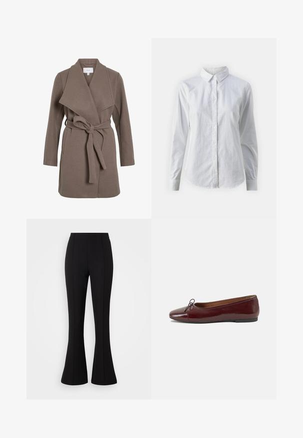 Cămașă maro cu curea, cu rever lat, realizată dintr-un material moale. Dispune de două buzunare frontale și o croială confortabilă. Textură netedă și design simplu.; Cămașă albă cu nasturi, confecționată din bumbac neted, având un guler clasic, mâneci lungi și un tiv curbat. Nasturii sunt mici și albi.; Pantaloni negri evazați, realizați dintr-un material elastic, cu o textură netedă, talie înaltă și detalii cu cusături pe partea din față.; Balerini din piele patent burgund cu vârful rotund, accent de fundiță mică în față și talpă joasă din cauciuc negru. Textură netedă.