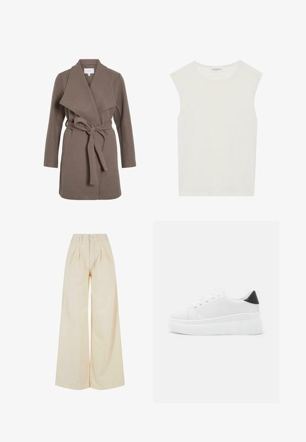 Brun belted frakk med bred krage, laget av et mykt stoff. Har to frontlommer og en avslappet passform. Jevn tekstur og enkelt design.; Hvit ermeløs topp med rund hals. Laget av glatt stoff, har den en avslappet passform og minimalistisk design. Ingen mønstre eller detaljer.; Beige bredde bukser med høy midje, med knappe-lukking og folder. Glatt stoff med myk tekstur.; Hvite plattform sneakers laget av glatt syntetisk materiale, med rund tå, snøring og en strukturert gummisåle. Svart hæl akcent.