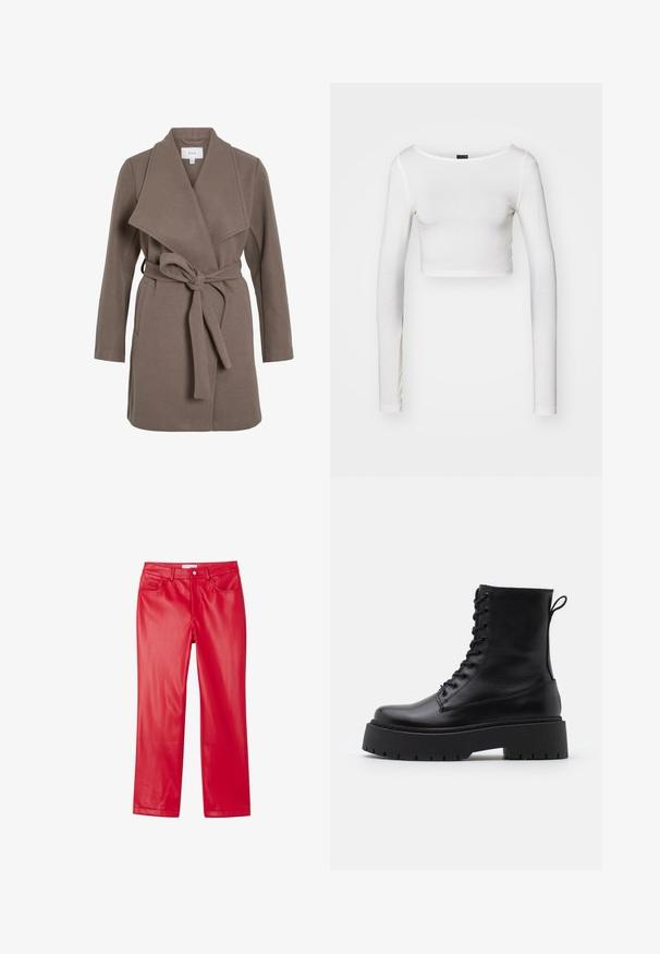 Cappotto marrone con cintura e ampio risvolto, realizzato in un tessuto morbido. Presenta due tasche frontali e una vestibilità comoda. Texture liscia e design semplice.; Gina Tricot SOFT TOUCH CROPPED TOP - Maglietta a manica lunga - pristine; Pantaloni in finta pelle rossi con un design elegante, forma a gamba dritta, cinque tasche e una texture liscia e lucida.; Stivaletti in pelle nera alla caviglia con punta rotonda, lace-up frontale e suola in gomma spessa con battistrada textured. Tassello sul retro.