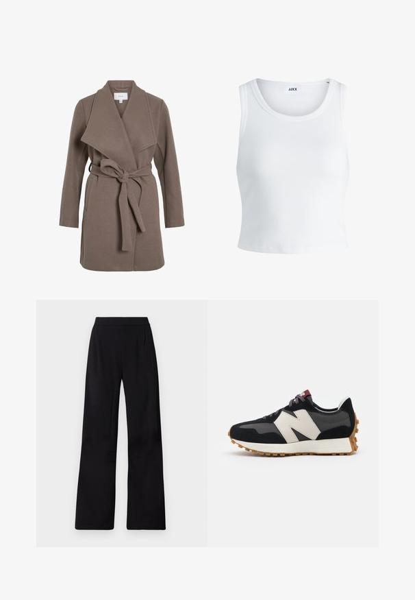Hnedý kabát s pásom a širokým golierom, vyrobený z mäkkej tkaniny. Obsahuje dve predné vrecká a voľný strih. Hladká textúra a jednoduchý dizajn.; Biely rebrovaný tielko s okrúhlym výstrihom, bez rukávov a krátkou dĺžkou. Štítok znie "JJXX." Hladká textúra látky.; Čierne široké nohavice z hladkej, ľahkej tkaniny. Majú vysoký pás a predné záhyby pre dodatočnú štruktúru.; Čierne a sivé semišové tenisky s veľkým krémovým logom "N", fialovými šnúrkami a textúrovanou gumovou podrážkou.