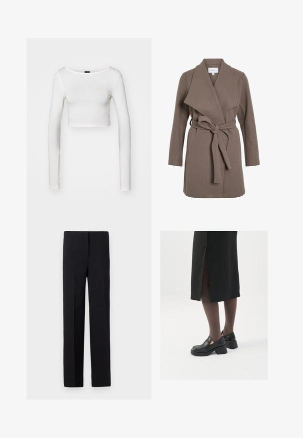 Bruine jas met riem en brede revers, gemaakt van een zachte stof. Beschikt over twee voorzakken en een relaxte pasvorm. Gladde textuur en eenvoudig ontwerp.; Gina Tricot SOFT TOUCH CROPPED TOP - Longsleeve - pristine; Zwarte op maat gemaakte broeken met een rechte snit, voorzien van een gladde textuur en geen zichtbare patronen. Standaard tailleband en een nette afwerking.; Zwarte leren schoenen met een ronde neus, dikke blokhak en elastische zijkanten, gecombineerd met donkere panty's en een zwarte rok met een split.