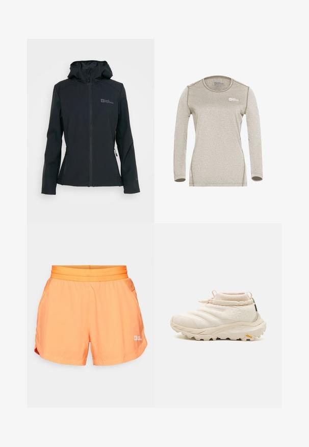 Schwarze Softshell-Jacke mit Reißverschluss vorne, verstellbarer Kapuze und zwei Reißverschlusstaschen. Mit einem Logo auf der Brust und strukturiertem Stoff.; Jack Wolfskin SKY THERMAL - Langarmshirt - pale sand; Orangene Shorts mit einem elastischen Bund, Seitentaschen und einem Logo auf der unteren rechten Seite. Entwickelt für Komfort und Beweglichkeit.; Helle beige Sneaker mit einem gesteppten Obermaterial, elastischem Kragen und Vibram-Laufsohle. Ausgestattet mit einer Zuglasche und einem Reißverschluss. Strukturiertes Finish.