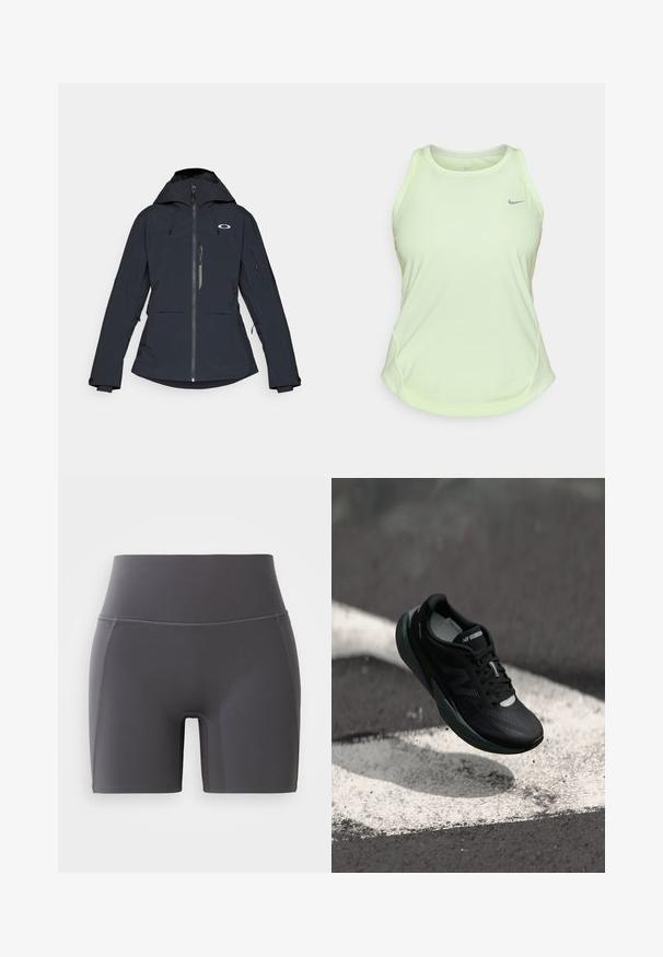 Mørk marineblå skijakke med glidelås foran, justerbar hette, glidelåslomme på brystet og elastiske mansjetter. Har logo på øvre bryst.; Lys grønne trenings topp laget av pustende stoff, med rund hals, brede stropper og en liten grå logo på brystet.; Grå treningsshorts med høy midje, laget av glatt, elastisk stoff. Har flatlock-sømmer og en tettsittende design.; Svart løpesko med teksturert overdel, slank design og reflekterende detaljer. Har en myk, polstret såle for komfort.