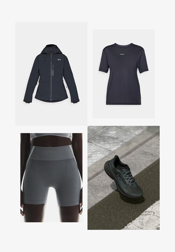Giacca da sci blu scuro con zip frontale, cappuccio regolabile, tasca sul petto con zip e polsini elasticizzati. Presenta il logo sulla parte superiore del petto.; Maglietta sportiva nera a maniche corte realizzata in tessuto leggero, con scollatura rotonda e un piccolo logo del brand sulla parte anteriore.; Gli shorts atletici grigi a coste presentano una vita alta, una consistenza liscia e una forma aderente, completati da un piccolo etichetta del marchio sul lato.; Scarpa da corsa nera con tomaia in rete, accenti testurizzati e logo, dotata di suola ammortizzata e lacci grigi, posizionata su una pavimentazione.