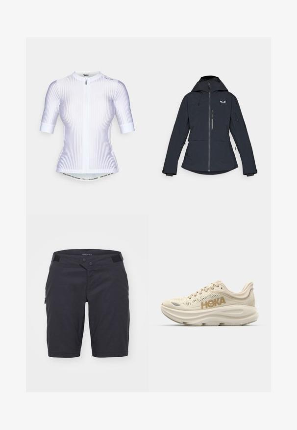 Ciemnogranatowa kurtka narciarska z zamkiem z przodu, regulowanym kapturem, zapinaną na zamek kieszenią na piersi oraz elastycznymi mankietami. Posiada logo na górnej części klatki piersiowej.; Biała koszulka kolarska z krótkimi rękawami, z pionowym prążkowanym wzorem, z zapięciem na zamek oraz kontrastowymi niebieskimi akcentami na ramionach.; Ciemnoszare szorty wykonane z lekkiego materiału. Posiadają dwa guziki w pasie, zapinaną na zamek kieszeń po boku oraz gładką fakturę.; Jasno-beżowe buty do biegania z siateczkowym cholewką, wyściełanym kołnierzem, wyraźnym logo "HOKA" w kolorze złotym oraz grubą, amortyzującą podeszwą dla komfortu.