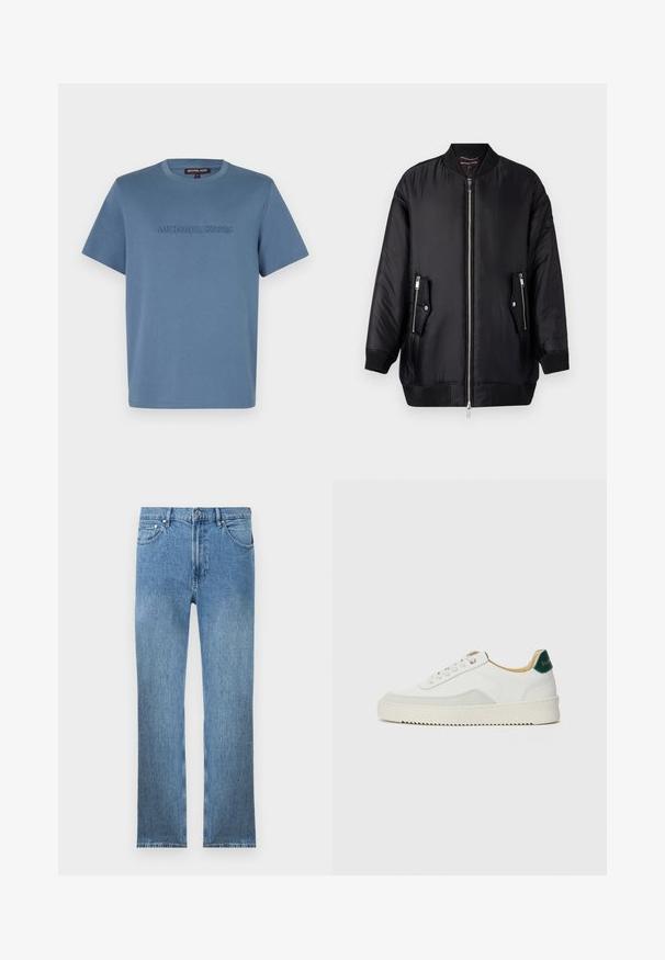 Must mustriga jope, mis on valmistatud läikivast, siledast kangast. Omab esi tõmbluku, kahte küljetaskut tõmblukkudega ning soonikvarrukad ja -äärte.; Heled sinine puuvillane t-särk, millel on ümar kaelus ja lühikesed varrukad, ees on säilinud "MICHAEL KORS" sama tooni reljeefne trükk.; Heledsinine teksapüksid sirge lõikega, viie taskuga, tõmblukuga ning kontrastsete õmblustega. Kanga pind on sile ja tekstuuriga.; Valged tennisjalanõud, millel on sametised aktsendid, ümar varvas, lame nöörid ja kreemjas kummine põhja. Hästi nähtav roheline bränding kannal.