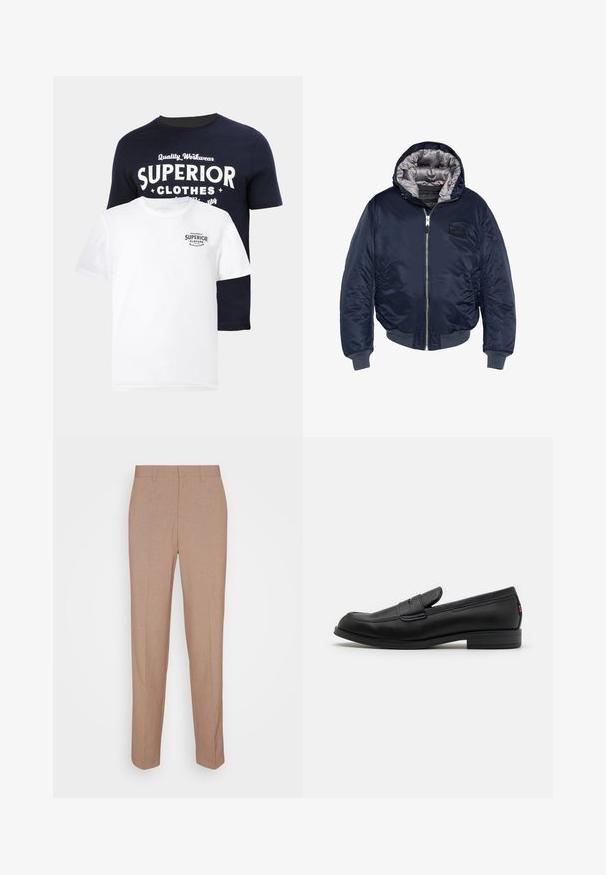Marinblå bomberjacka med huva, med dragkedjestängning, elastiska ärmslut och en slät, satinliknande textur. Tyget på insidan är grått.; Två t-shirts: en marinblå med vit grafisk text "SUPERIOR CLOTHES" och en vit med en mindre marinblå logotyp. Båda är av bomull, med rund hals.; Beige skräddarsydda byxor i ett mjukt, texturerat tyg. Rakt snitt med linning och utan synliga prydnader eller fickor.; Svarta läderloafers med en slät finish, rund tå och en liten dekorativ flik. Har en låg staplad klack och subtilt varumärkesdetalj.