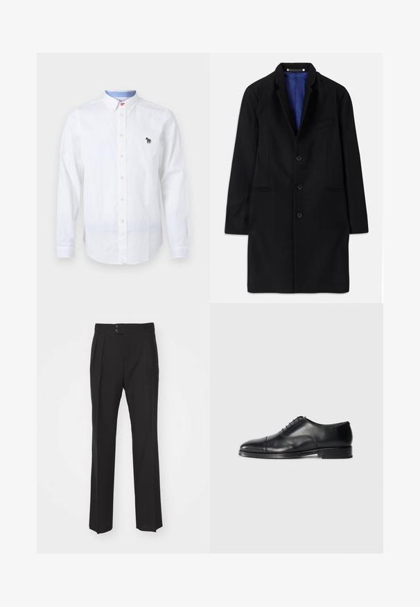 Čierny vlnený kabát s precízne navrhnutým strihom, klopovým límcom, uzatváraním na päť gombíkov, bočnými vreckami a modrým saténovým podšívaním.; Biela košeľa na gombíky vyrobená z bavlny, s golierom, dlhými rukávmi a vyšívaným farebným logom zebry na hrudi.; Čierne elegantné nohavice s rovnými nohavicami, dvoma prednými vreckami a dvojitým zapínaním na páse. Hladká textúra materiálu.; Čierne kožené formálne topánky s zaoblenou špičkou, hladkým povrchom, šnurovacími detailmi a jemným švom, s nízkym, plochým podpätkom.